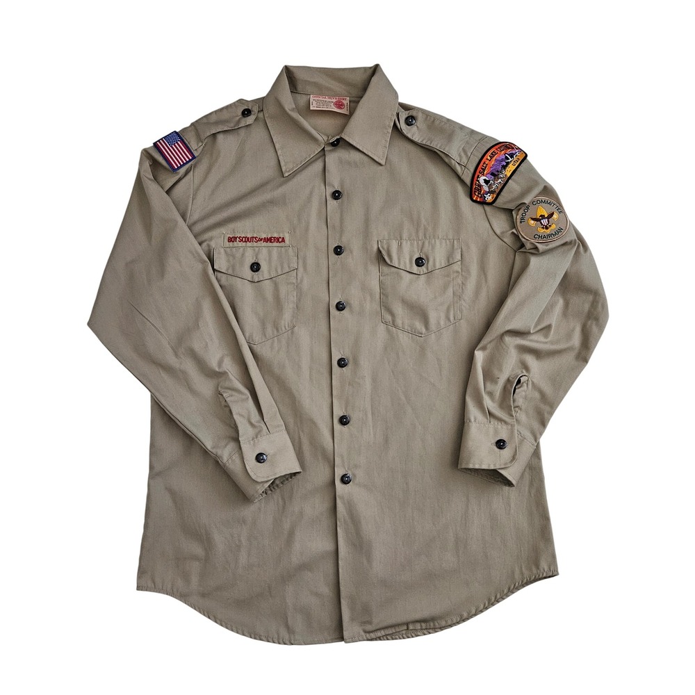 Vintage Boy Scouts of America BSA Size Large‎ Tan Uniform Shirt Patches USA Made